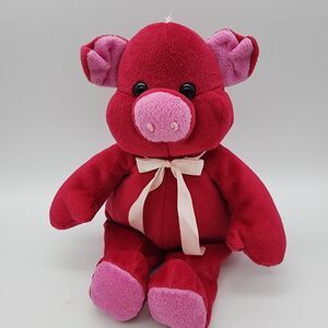 Kellytoy Bean Pals Pig Plush 10" Satin Bow Dark Pink Farm Sits Up Stuffed Animal